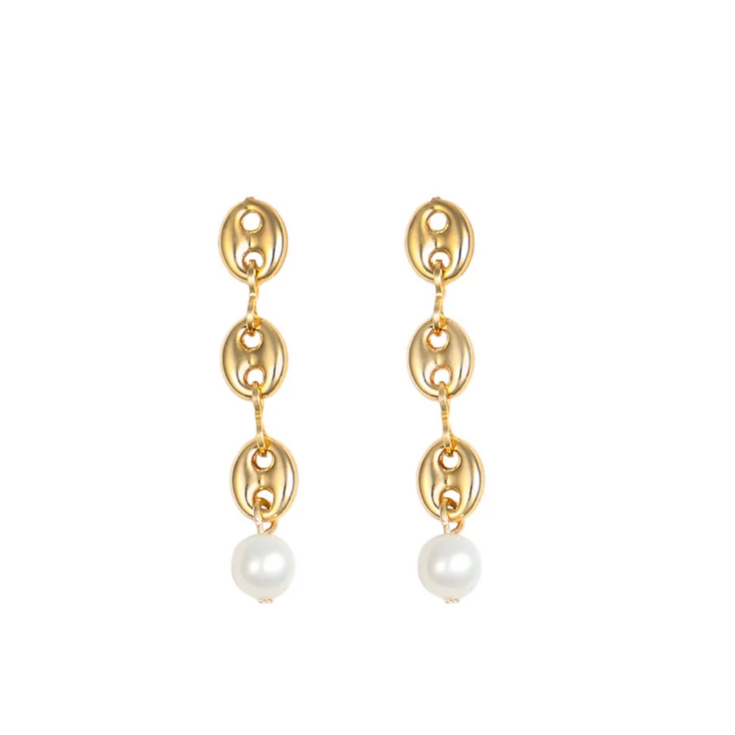 Gold Puffed Mariner Link Earrings With Freshwater Pearl Dangle Drop