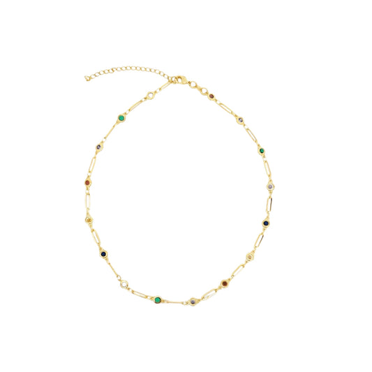Multicolor CZ Round Charm Clip Link Necklace
