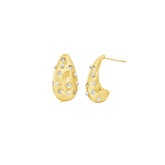 Tear Drop Filled With CZ Stone and Synthetic Pearls Stud