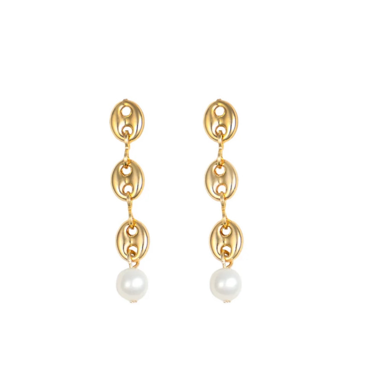Gold Puffed Mariner Link Earrings With Freshwater Pearl Dangle Drop