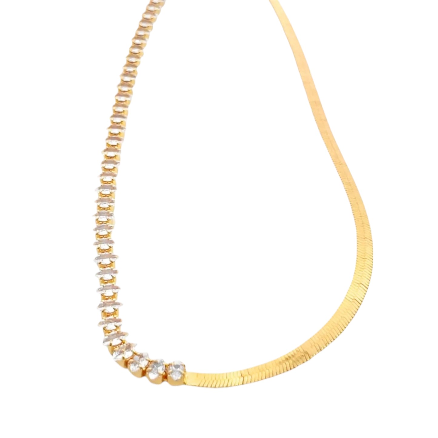 Gold Half CZ Stone Half Chain Necklace
