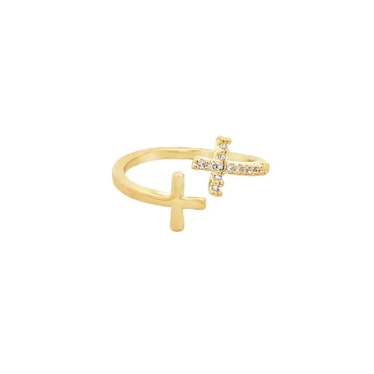 Double Cross Part CZ Paved Open Ring