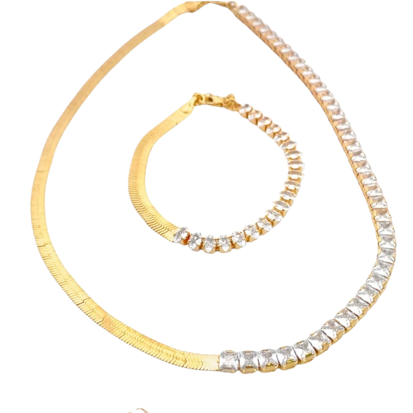 Gold Half CZ Stone Half Chain Necklace